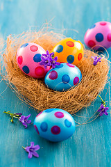 Image showing Colorful Easter eggs with spring flowers