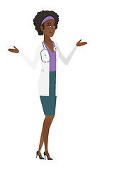 Image showing African-american confused doctor with spread arms.