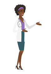 Image showing Young african-american happy doctor gesturing.