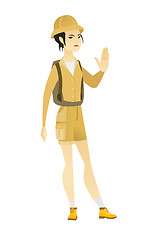 Image showing Asian traveler showing stop hand gesture.