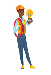 Image showing Builder holding bright idea light bulb.