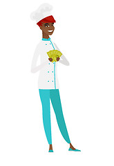 Image showing Happy african-american chef cook holding money.
