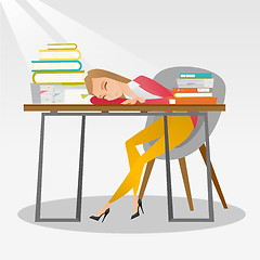 Image showing Female student sleeping at the desk with book.
