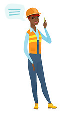 Image showing Young african-american builder with speech bubble.