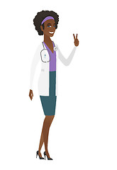 Image showing African-american doctor showing victory gesture.