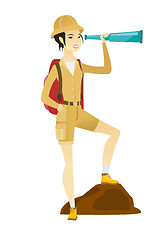 Image showing Young asian traveler with spyglass.