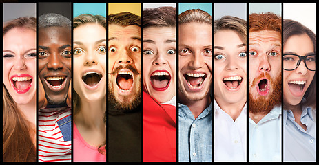 Image showing The collage of young women and men smiling face expressions