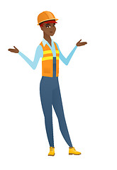 Image showing African-american confused builder with spread arms