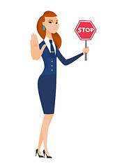 Image showing Caucasian stewardess holding stop road sign.