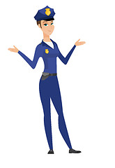 Image showing Caucasian confused policewoman with spread arms.