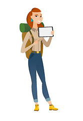 Image showing Smiling traveler holding tablet computer.