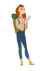 Image showing Caucasian traveler holding a mobile phone.