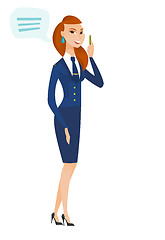 Image showing Young caucasian stewardess with speech bubble.