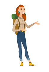 Image showing Young caucasian happy traveler gesturing.