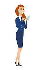 Image showing Caucasian stewardess holding a mobile phone.