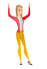 Image showing Business woman standing with raised arms up.