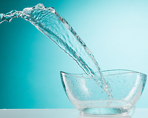 Image showing The water splashing to glass bowl on white background