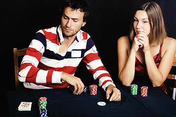 Image showing young people playing poker off-line tournament, friends party concept at home 