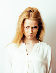 Image showing young blond woman on white backgroung gesture thumbs up, isolate