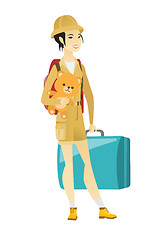 Image showing Woman traveling with old suitcase and teddy bear.