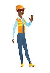 Image showing African-american builder showing stop hand gesture