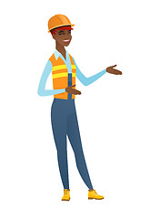 Image showing Young african-american happy builder gesturing.