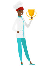 Image showing African-american chef cook holding a trophy.