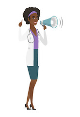 Image showing African-american doctor talking into loudspeaker.