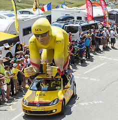 Image showing Yellow LCL Cyclist Mascot in Alps - Tour de France 2015