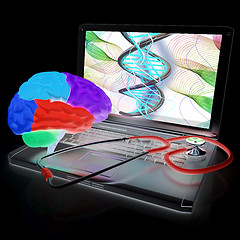 Image showing Laptop, brain and Stethoscope. 3d illustration