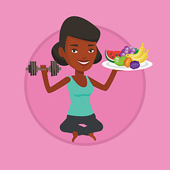 Image showing Healthy woman with fruits and dumbbell.