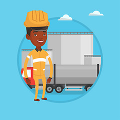 Image showing Worker on background of fuel truck and oil plant.