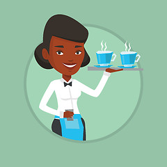 Image showing Waitress holding tray with cups of coffeee or tea.