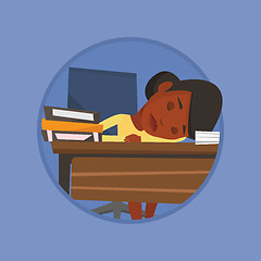 Image showing Female student sleeping at the desk with book.