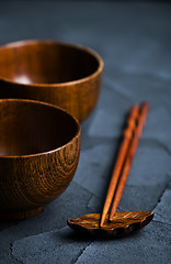 Image showing wood bowl with wooden chopsticks