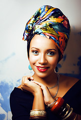 Image showing beauty bright african woman with creative make up, shawl on head