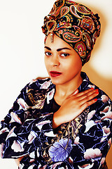 Image showing beauty bright african woman with creative make up, shawl on head