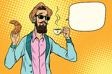 Image showing Hipster with coffee and croissant