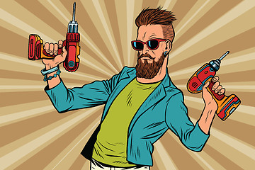 Image showing hipster repairman with a drill
