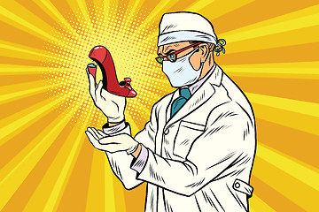 Image showing Retro scientist explores a broken heel in womens shoes