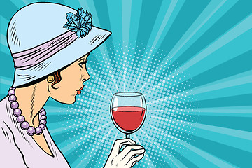 Image showing Retro lady with a glass of wine