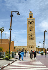 Image showing Djemaa EL Fna square and Koutoubia mosque in Marrakech Morocco