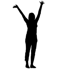 Image showing Black silhouettes woman lifted his hands on white background. illustration