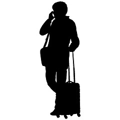 Image showing Black silhouettes travelers with suitcases on white background.