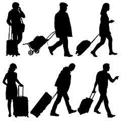 Image showing Black silhouettes travelers with suitcases on white background.