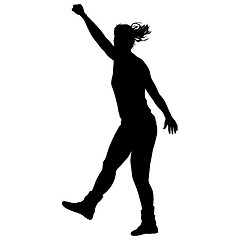 Image showing Black silhouettes of beautiful woman with arm raised. illustration