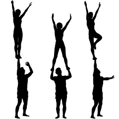 Image showing Set Black silhouette two acrobats show stand on hand. illustration