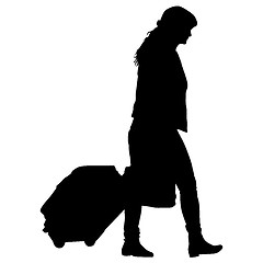 Image showing Black silhouettes travelers with suitcases on white background.