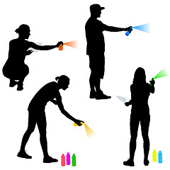 Image showing Set silhouette man and woman holding a spray on a white background. illustration