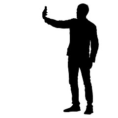 Image showing Silhouettes man taking selfie with smartphone on white background. illustration
